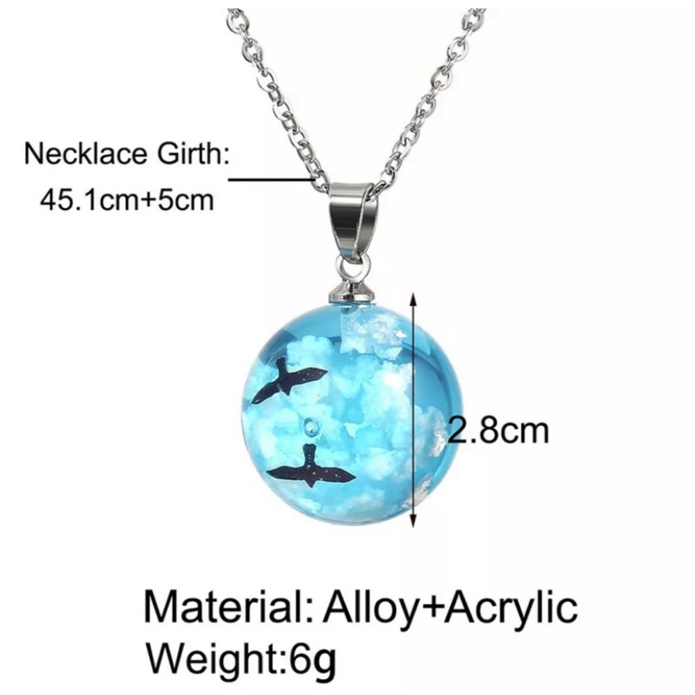 White Clouds Blue Sky Birds Glass Ball Necklace - Picture 6 of 6